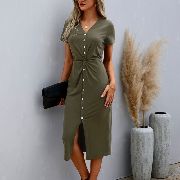 Solid Black Button up Short Sleeve Midi Dress - Picture 2 of 6